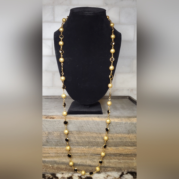 Austrian Crystal Open Back Bezel Necklace Black Gold Vintage Estate - Picture 3 of 10